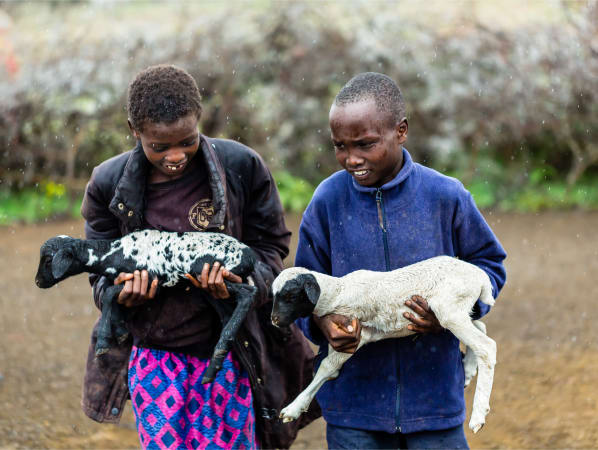 Two young children carry baby goats. 