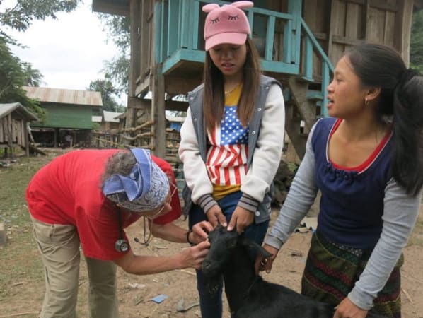 A veterinarian examines a goat while two young girls hold it secure. They are chatting with the vet as she works.